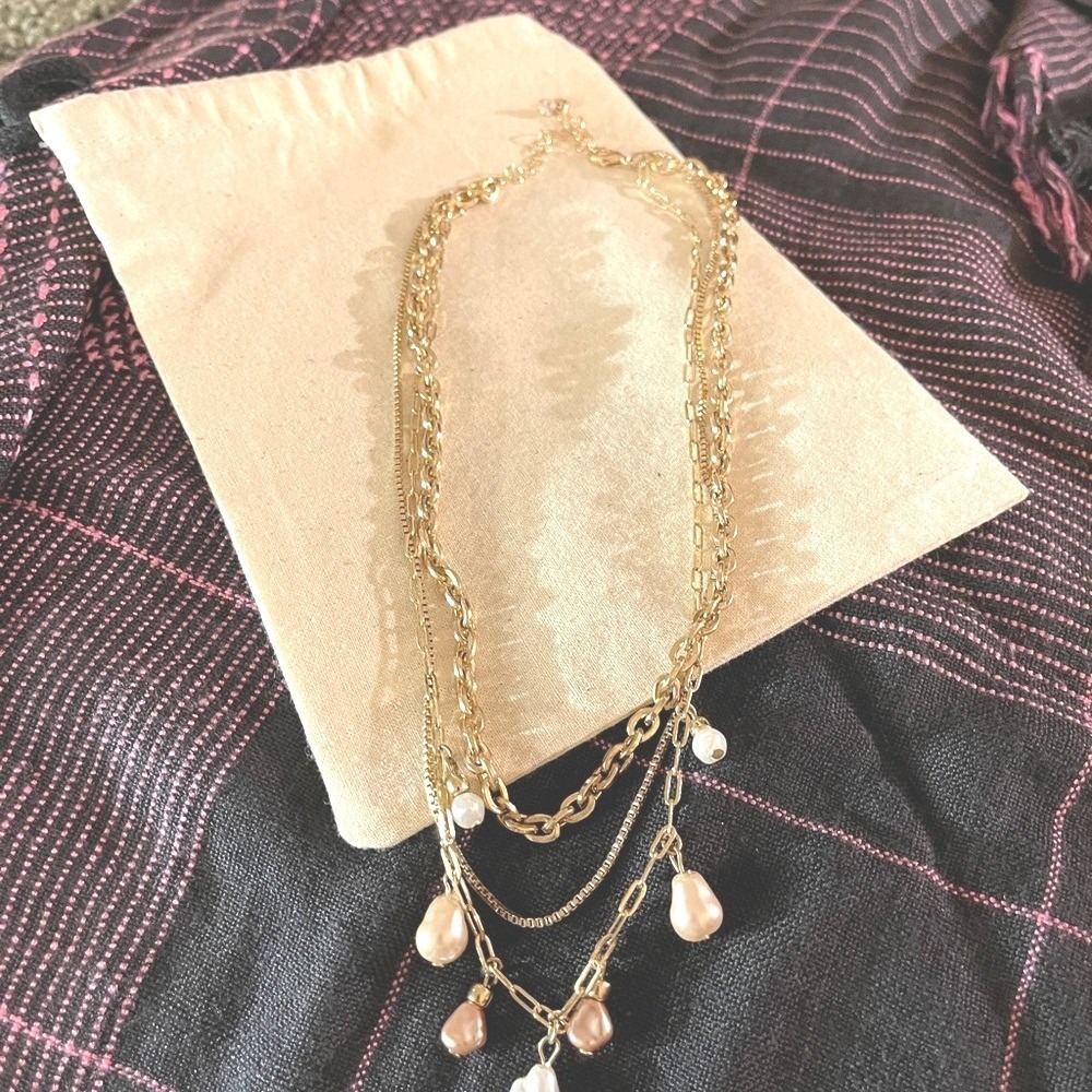 multistrand gold tone necklace faux pearl and glass stone accents layering piece